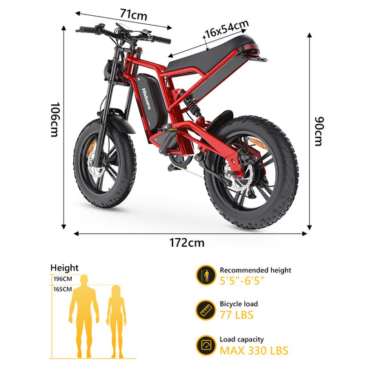 Hidoes® B6 1200W Electric Fat Bike, 20"x4" Fat Tire eBike, 48V 15Ah Battery, 50 Miles Long Range - Red Color