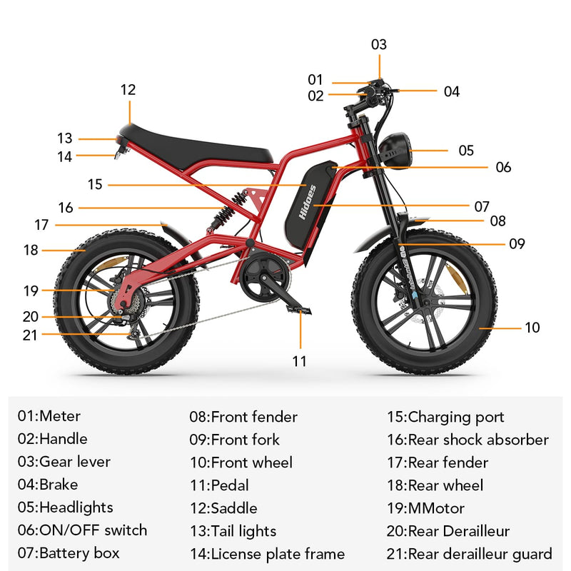 Laden Sie das Bild in Galerie -Viewer, Hidoes® B6 1200W Electric Fat Bike, 20&quot;x4&quot; Fat Tire eBike, 48V 15.6Ah Battery, 50 Miles Long Range - Red Color
