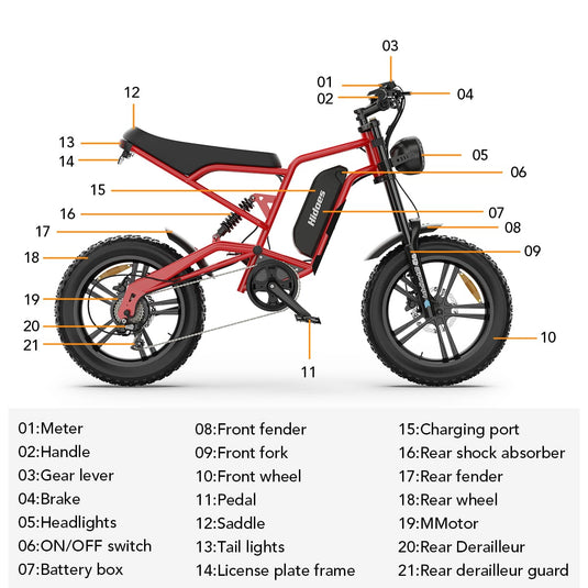 Hidoes® B6 1200W Electric Fat Bike, 20"x4" Fat Tire eBike, 48V 15.6Ah Battery, 50 Miles Long Range - Red Color