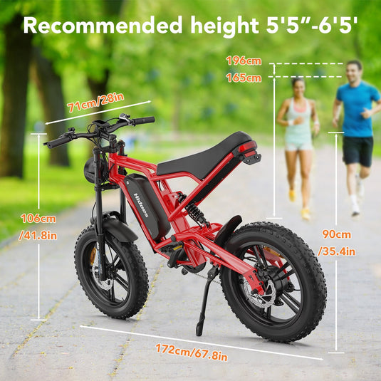 Hidoes® B6 1200W Elektro-Fatbike, 20"x4" Fat Tire eBike, 48V 15Ah Akku, 50 Meilen Reichweite - Farbe: Rot