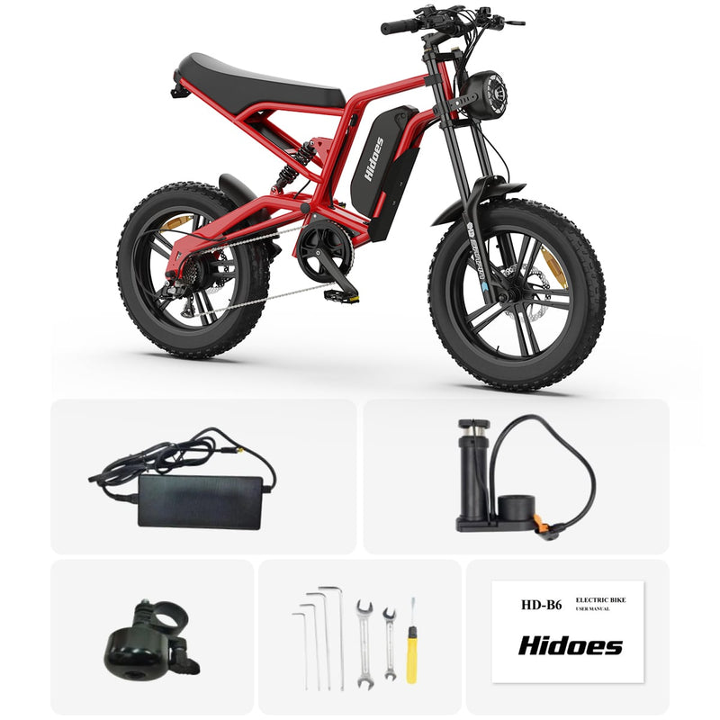 Laden Sie das Bild in Galerie -Viewer, Hidoes® B6 1200W Electric Fat Bike, 20&quot;x4&quot; Fat Tire eBike, 48V 15.6Ah Battery, 50 Miles Long Range - Red Color
