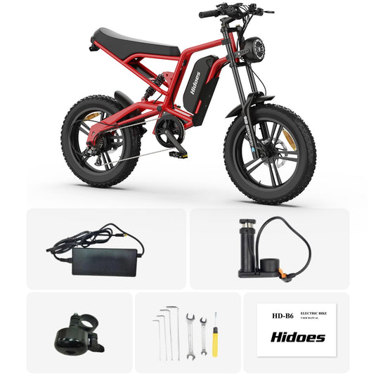 Hidoes® B6 1200W Electric Fat Bike, 20"x4" Fat Tire eBike, 48V 15.6Ah Battery, 50 Miles Long Range - Red Color