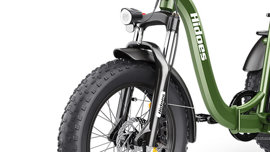 Hidoes ET1 electric 3 wheel cycle with adjustable front fork.